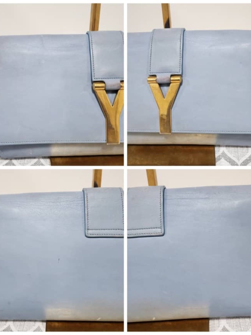 Authentic YVES SAINT LAURENT Calfskin Leather Ligne Y Clutch Bag Blue - Picture 12 of 15